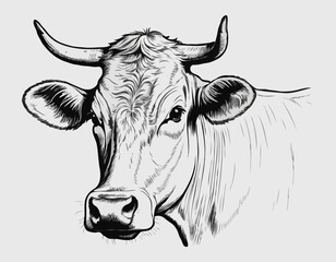 Farm cow head sketch hand drawn line art engraving Vector illustration