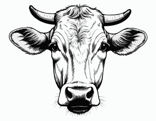 Farm cow head sketch hand drawn line art engraving Vector illustration