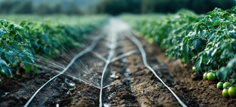 Irrigation system watering tomato plants