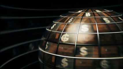 World globe with international banknotes and currency signs, concept of money transfer and fore