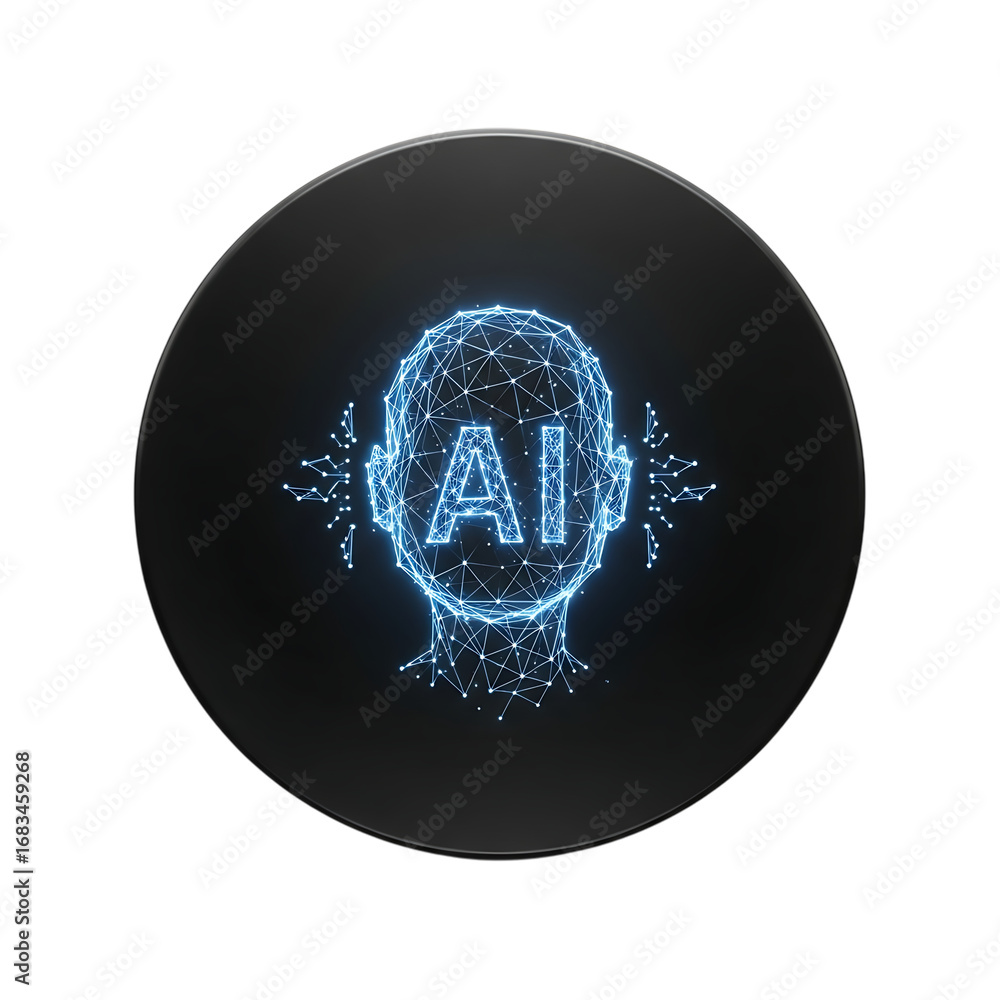 Poster futuristic ai head emblem with glowing neon blue circuitry and data streams inside a dark circular f