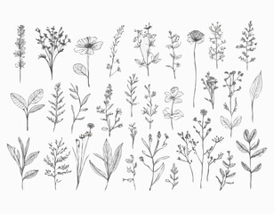 Obraz premium Vector hand drawn big collection with wild and medicinal herbs. Hand drawn botanical sketch with plants and flowers in color.For printing, cards, packaging.Different flowers on white background.