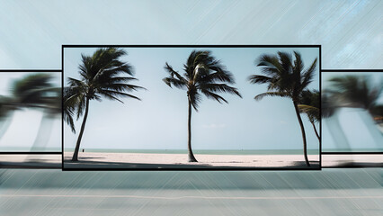 Summer composition with coconut trees on beach sand animal creative art style