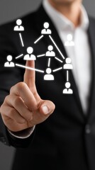 Businessman connecting global network, visualizing teamwork, leadership, and professional collaboration in a digital age.