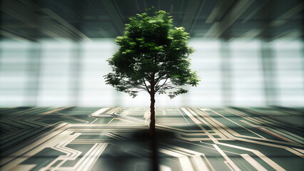 Tree growing on a computer circuit board with blue digital background concept o green technology and sustainability