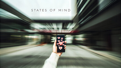 Hand holding smartphone with many likes internet addition and surreal modern sign collage