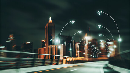 Modern city with wireless network and digital connectivity at night