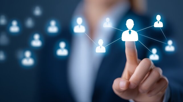 Woman engaging with social media icon on touchscreen, a visual representation of modern digital connection. - Powered by Adobe