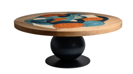 Round wooden coffee table with vibrant inlay design.  Dark base