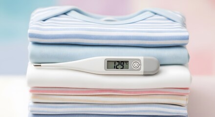 A digital clinical thermometer rests on a neatly folded stack of soft, pastel-colored baby clothes.