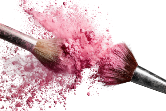 Pink cosmetic powder explosion with makeup brush