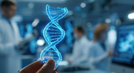 DNA model held by a hand in a lab setting