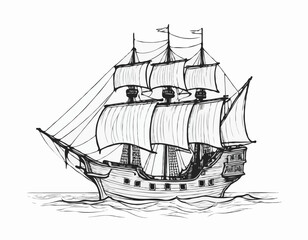 Pirate ship hand drawn sketch Vector illustration