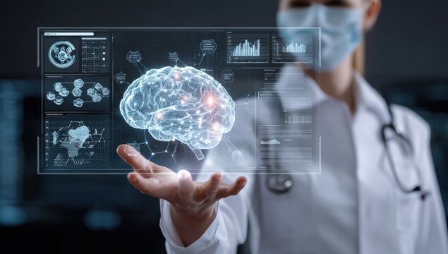 Doctor displaying a holographic brain with overlaid data visualizations - Powered by Adobe