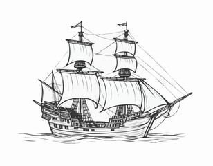 Pirate ship hand drawn sketch Vector illustration