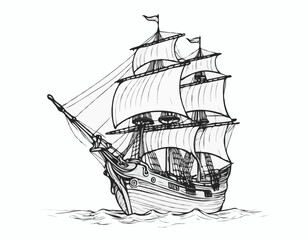 Pirate ship hand drawn sketch Vector illustration
