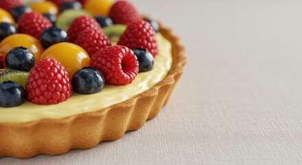 A close-up reveals a delectable fruit tart with a golden-brown crust, a creamy yellow filling, and an array of vibrant berries and kiwi slices arranged artfully atop