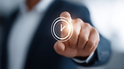 Time management strategy, businessman points to clock symbolizing deadline, punctuality, and professionalism in corporate world.