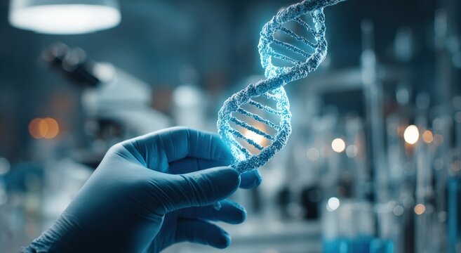 A hand in a glove holds a glowing DNA strand in a lab setting