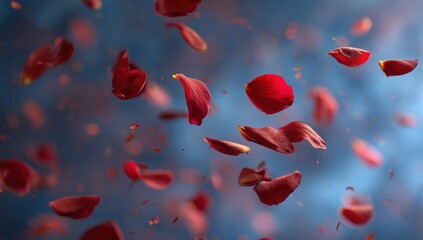 Red rose petals floating in the air against a blurred blue background