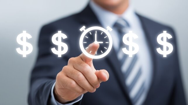 Time management concept, businessman in suit points to clock, emphasizing punctuality and deadline adherence in corporate world.