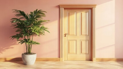 Sunlight streams into a room with pale pink walls, illuminating a light wood door and a potted palm plant on a herringbone wood floor