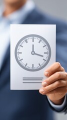 Man holding clock paper, time management, deadline, schedule, punctuality, reminder, organization, productivity, efficiency, importance, urgency.