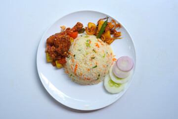 White Plate Fried Rice with Spicy Devil Chicken and Vegetable Toppings.