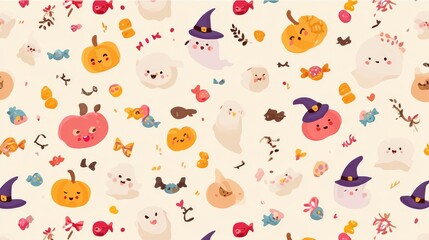 Seamless Halloween pattern with cute cartoon pumpkins, candy, ghosts, bats, and witches hats, festive vector background