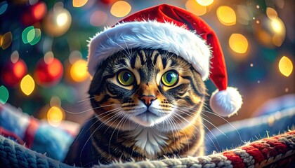 Tabby Cat in Santa Hat with Christmas Lights