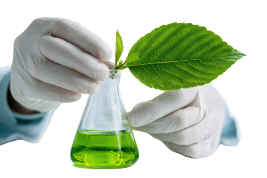 Hands in gloves hold a flask with a green liquid and a plant leaf