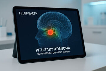 Telehealth Brain Scan - Pituitary Adenoma Illustration on Tablet [Illustration]