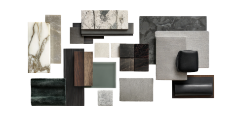 Collection of various stone and tile samples in muted tones
