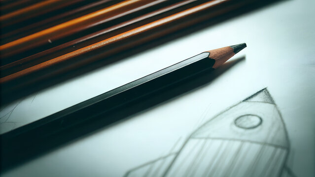 Black pencil with rocket otline on white paper, creaivity and inspiration concpt