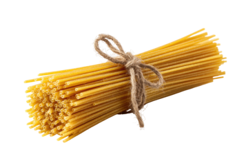 A bundle of dried spaghetti tied with twine