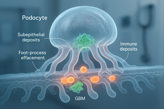 Podocyte structure with Subepithelial and Immune Deposits, foot-process effacement and GBM - Illustration