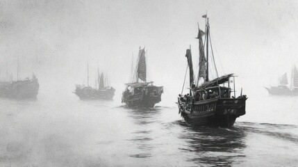 Several old sailboats float in misty waters, fading into the distance in monochrome view