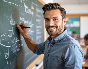 Smiling Teacher Writing on Chalkboard in Classroom