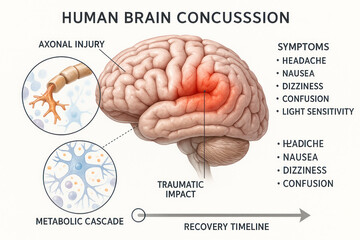 Human Brain Concussion Symptoms and Recovery, Medical Illustration