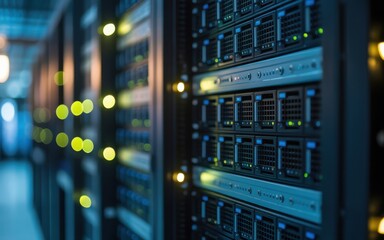 Obraz premium A close up of a data center with servers and blinking lights in the room