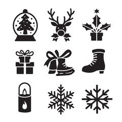 Vector art of collection of nine black christmas icons including a snow globe, reindeer, gift, ice skate, snowflake, and lantern
