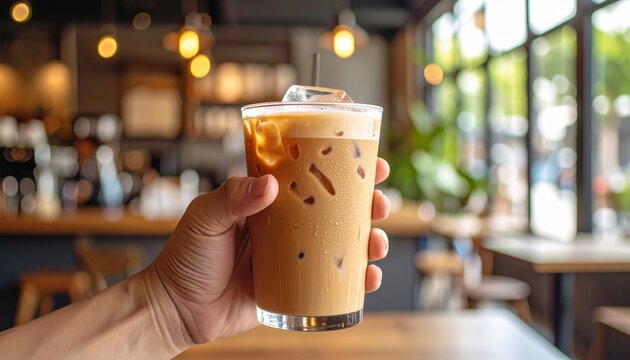 Person holding a glass of iced latte coffee in a cafe with a blurred background and warm lighting.
