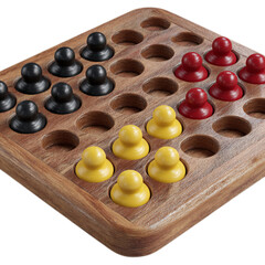 Photo of wooden solitaire board game with colorful pegs on a transparent background