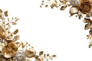 Gold floral frame on black background.  Detailed gold leaf-like branches and flowers form a decorative border around a large empty center space.  Cream/ivory blossoms complement the gold tones