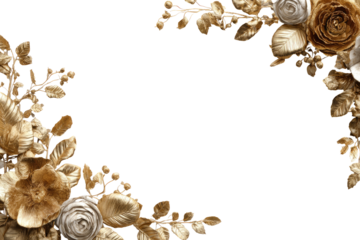 Gold floral frame on black background.  Detailed gold leaf-like branches and flowers form a decorative border around a large empty center space.  Cream/ivory blossoms complement the gold tones