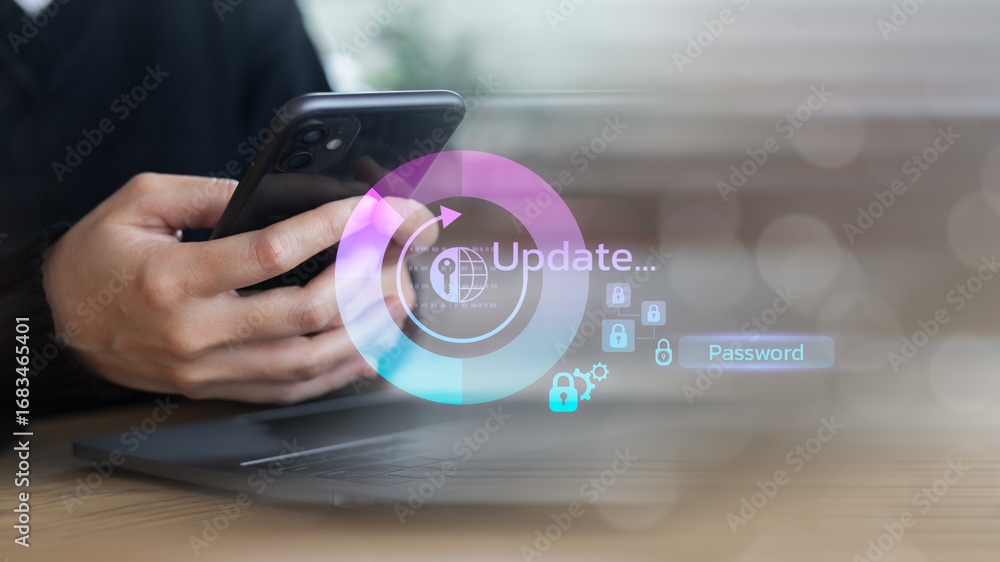 Poster close-up of a man using a smartphone with a hologram showing system update, password protection, and