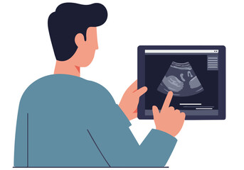 A professional man examines an ultrasound image on a tablet, alongside sample tubes. Modern, clean illustration style. Suitable for healthcare, technology, and medical themes.
