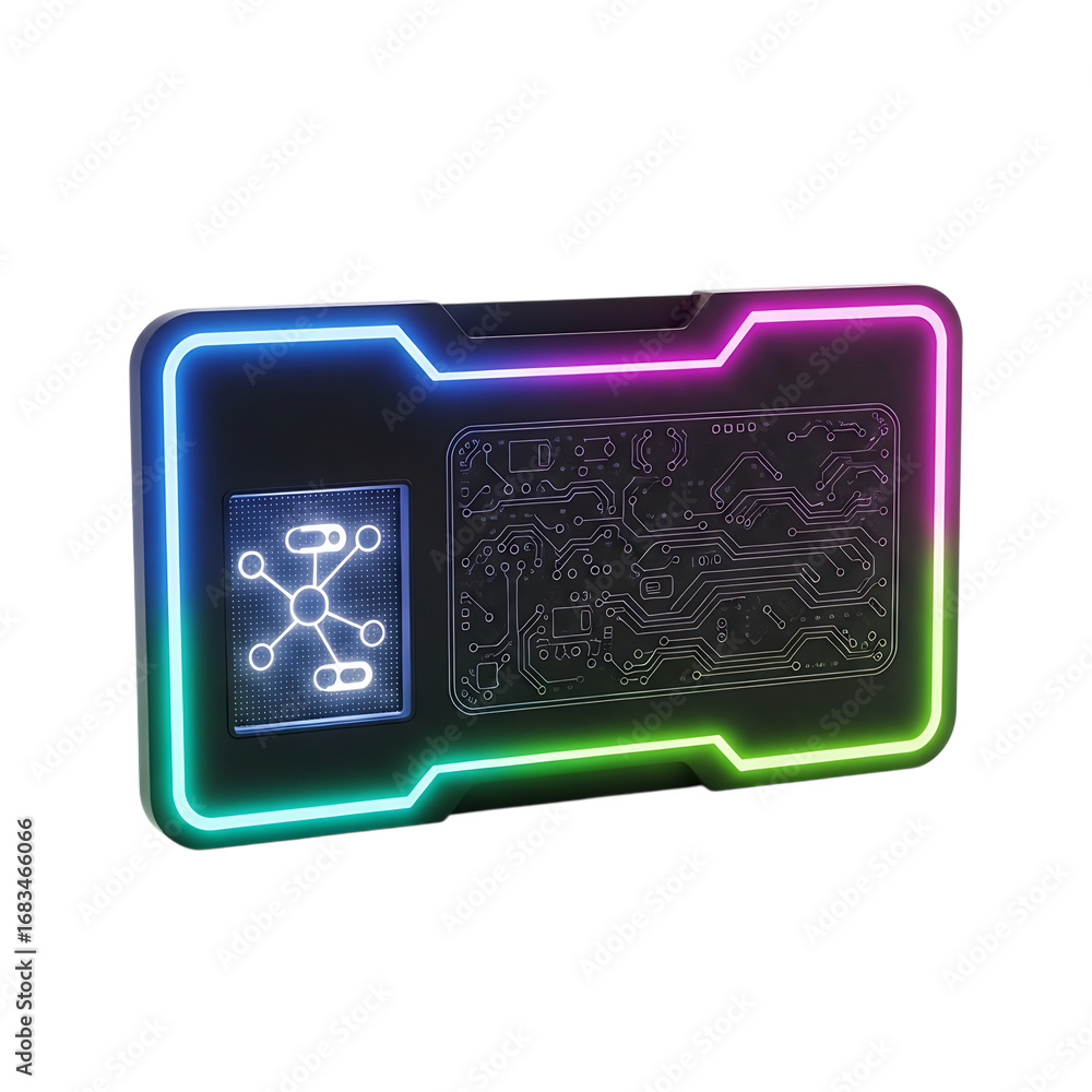 Poster futuristic high-tech computer component with vibrant neon rgb lighting and circuitry detail isolated
