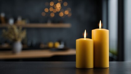 Two yellow candles on a dark countertop, in a modern kitchen