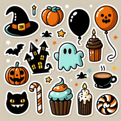Fototapeta premium Set of Halloween cartoon stickers isolated on white background